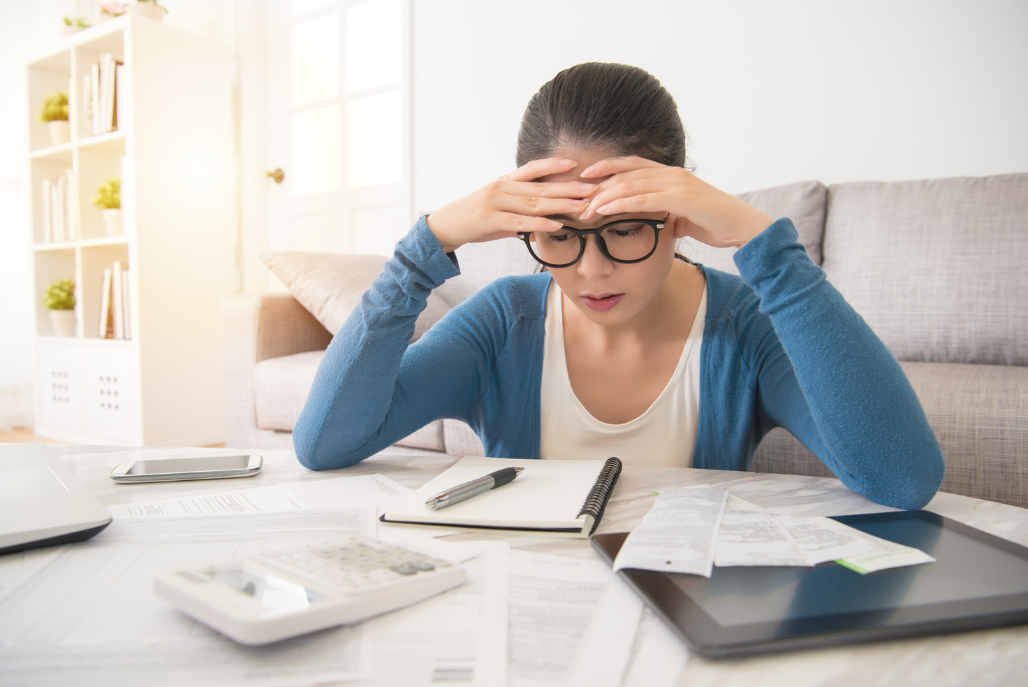 Stressed Worried Young Woman Doing Banking